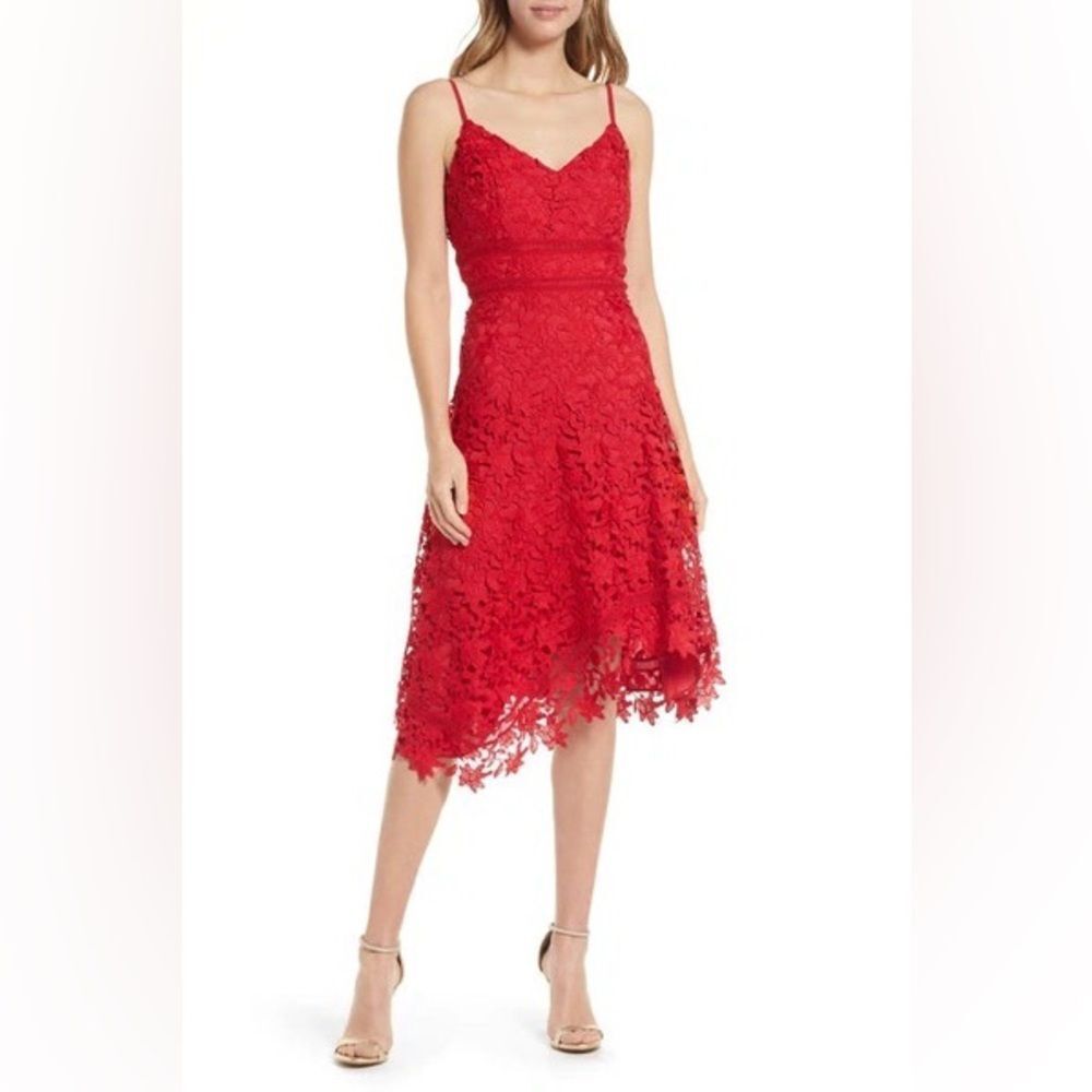 ELIZA J Red Lace Spaghetti Strap Midi Dress Size 4 Wedding Guest Garden Party